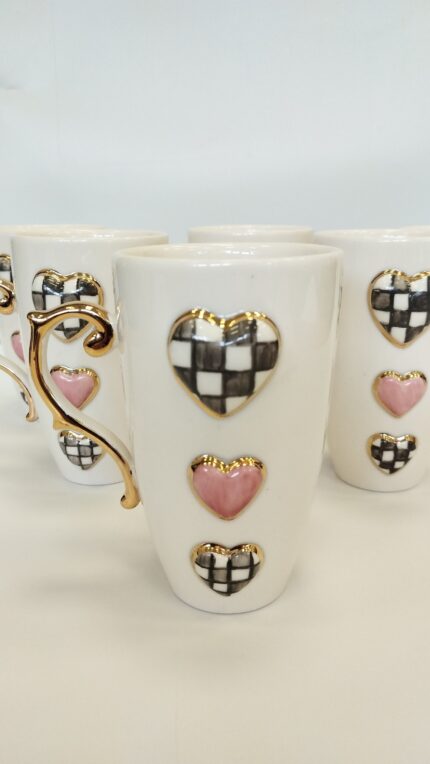 Damalı Kalpler Kupa / Gri-Pembe